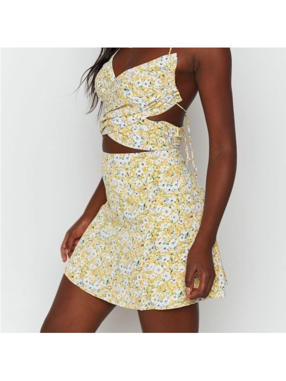 Beginning Boutique Yellow Floral Skater Mini Skirt